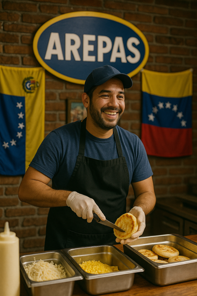 Emprendedor venezolano atendiendo su negocio en el extranjero